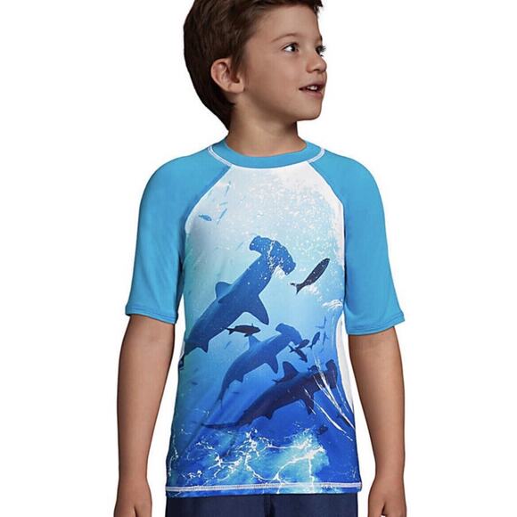 NEW Lands' End Boys Rash Guard Swim‎ Shirt Small (6/7) Short Sleeve UPF 50 NWT - Picture 1 of 8